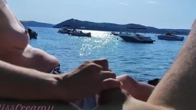 French Milf Handjob Amateur on Nude Beach public in Greece to stranger with Cumshot - MissCreamy porn