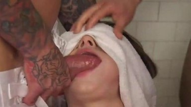 Tiny boobs journalist group banged